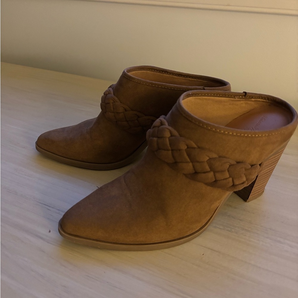Brown Braided Heeled Mules